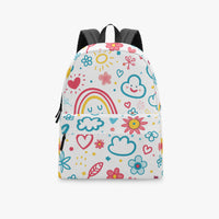Kids small canvas backpack with colorful doodle rainbow print and black top handles