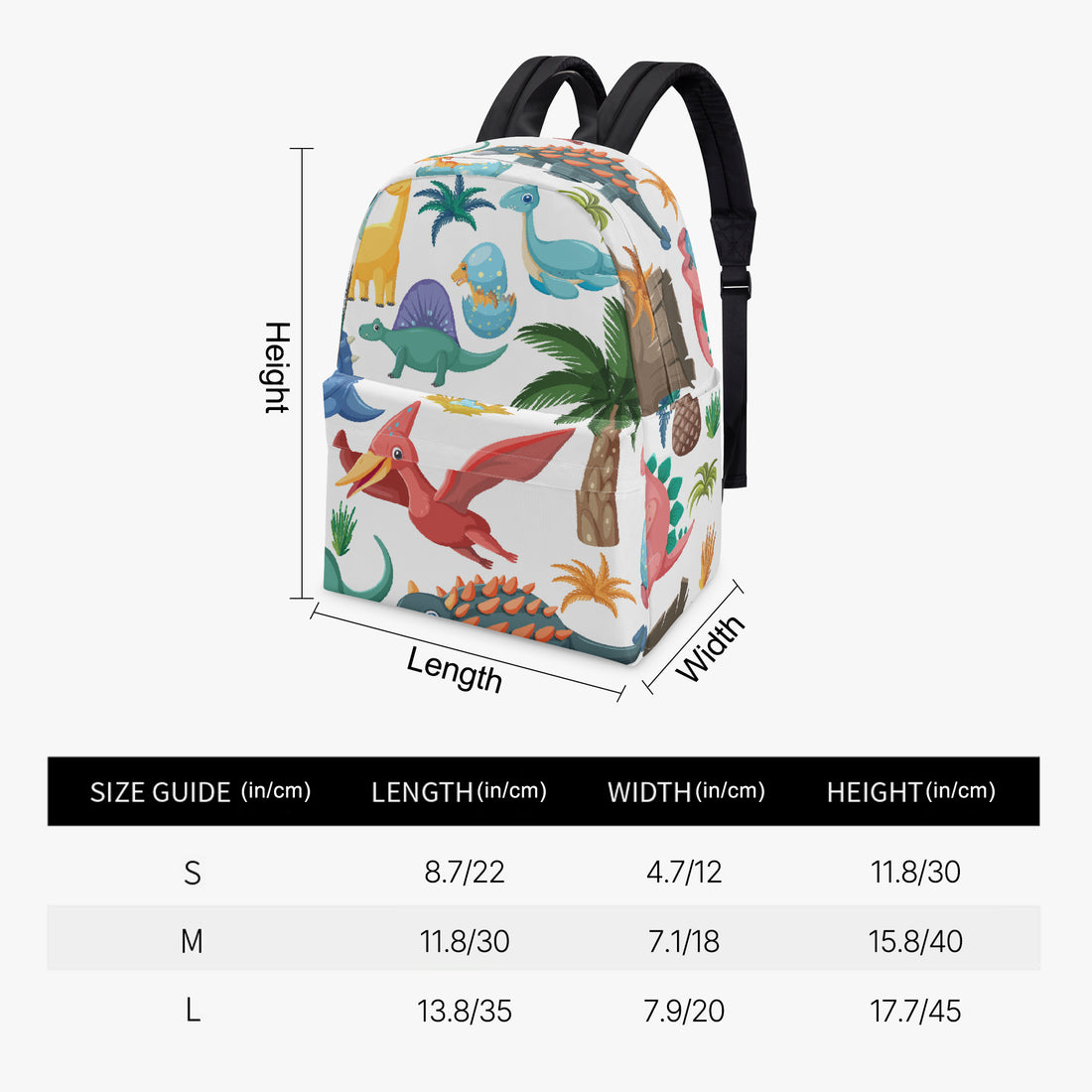 Kids dinosaur backpack with multicolor dinosaur print, black shoulder straps and side pocket