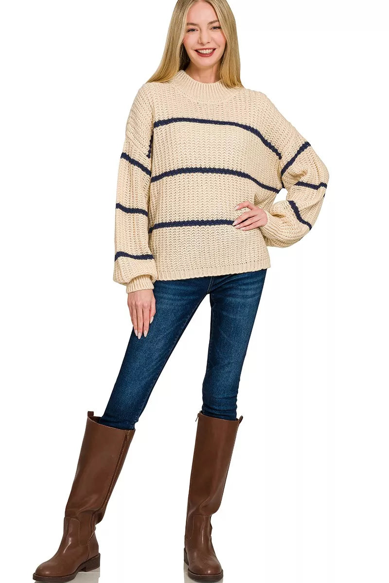 Taupe oversize striped sweater with navy stripes, long sleeves and ribbed crew neck