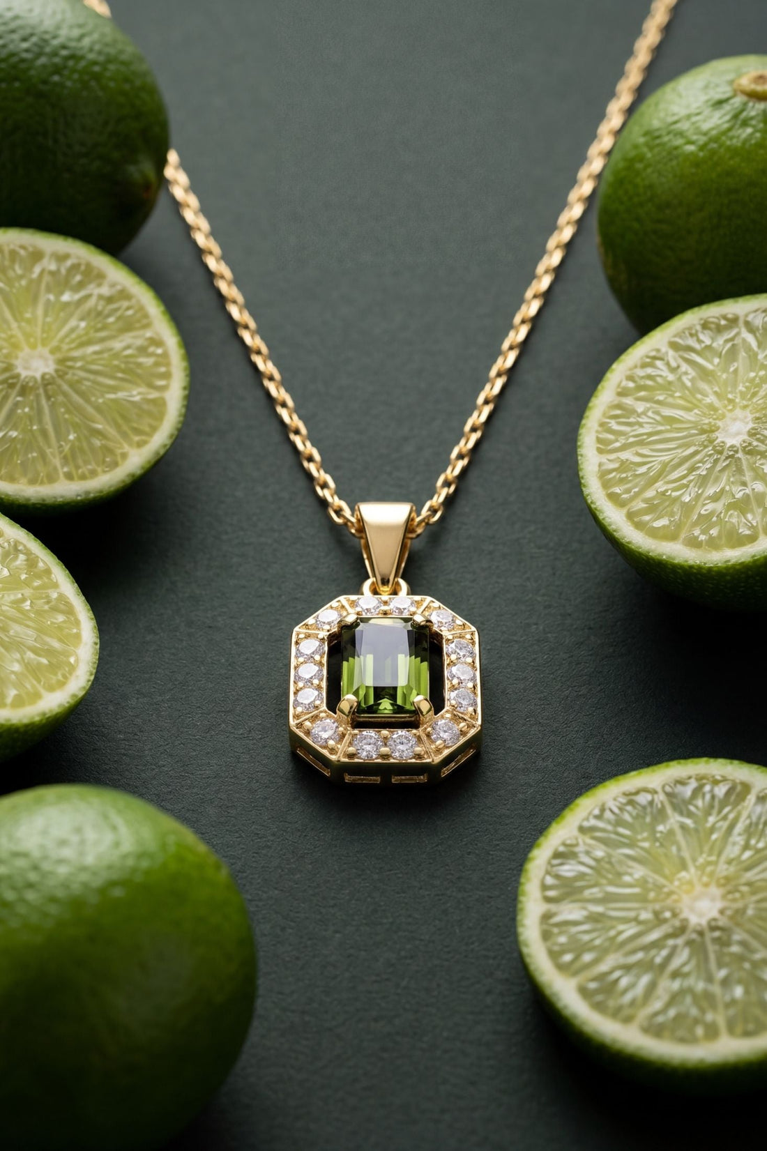 Gold gemstone pendant necklace with peridot-green rectangular center and crystal halo