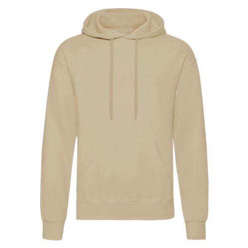 Beige pullover hoodie with drawstring hood and front kangaroo pocket