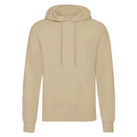 Beige pullover hoodie with drawstring hood and front kangaroo pocket