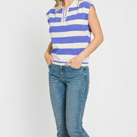 Blue-and-ivory striped sleeveless collared sweater vest with half placket