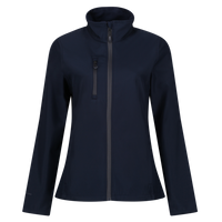 Women's dark navy softshell jacket with stand collar, full zip, and chest zip pocket