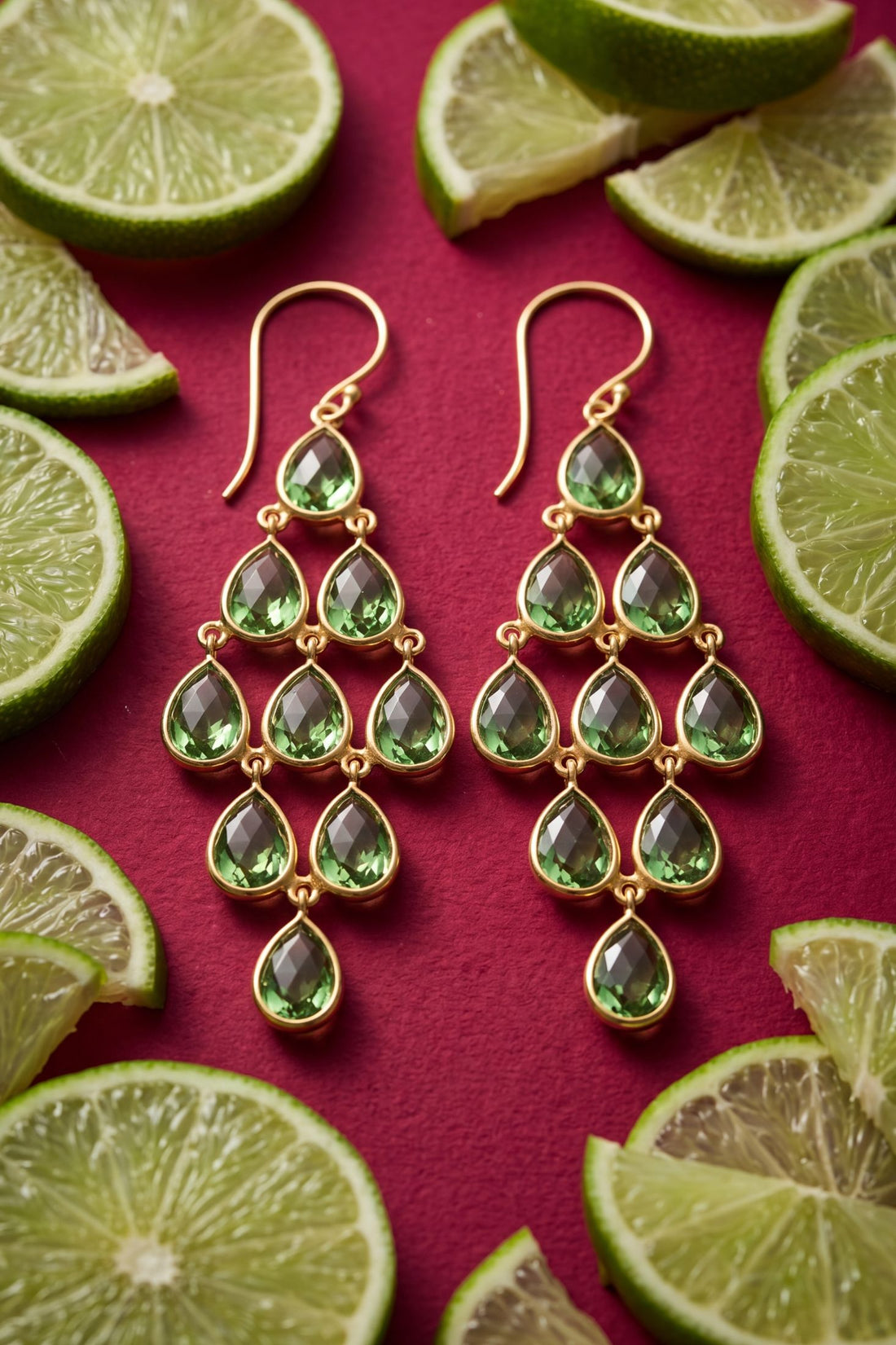 Gold peridot teardrop cluster drop earrings with cascading green stones