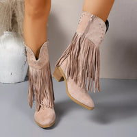 Taupe suede fringe boots with studded collar and block heel, side zipper detail