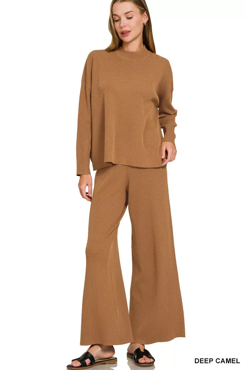 Viscose sweater top and wide-leg pants set in deep camel, long sleeves