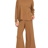 Viscose sweater top and wide-leg pants set in deep camel, long sleeves
