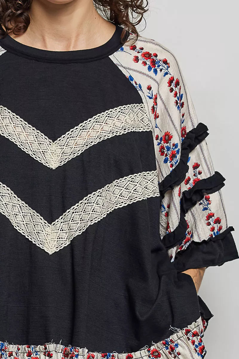 Close-up of black knit top with chevron lace detail and floral ruffle trim on sleeve