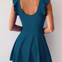 Peacock blue ruffled-sleeve swim dress with scoop back and gathered skirt