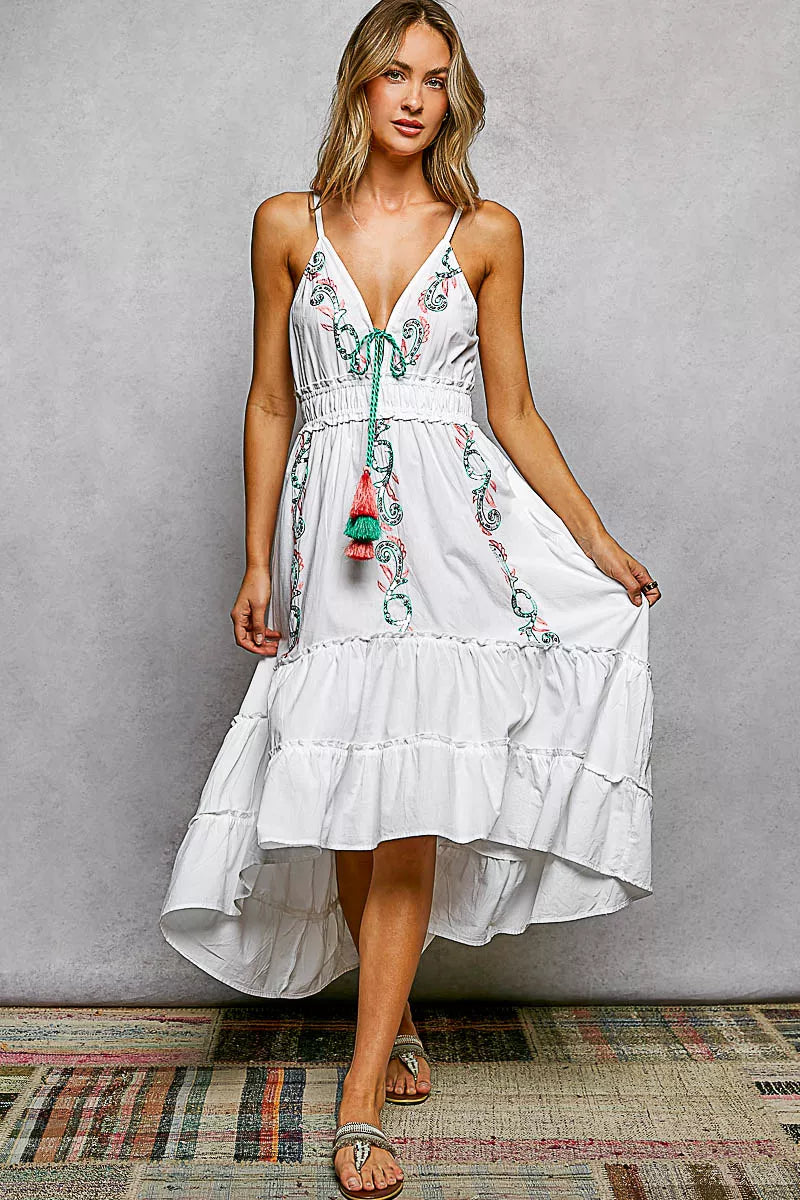Ivory cami midi dress with smocked waist, embroidered detailing, tassel tie, tiered hem