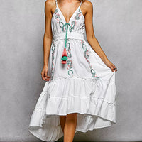 Ivory cami midi dress with smocked waist, embroidered detailing, tassel tie, tiered hem