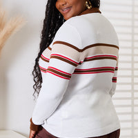 White striped rib-knit top with collared neckline and striped sleeve bands, back view