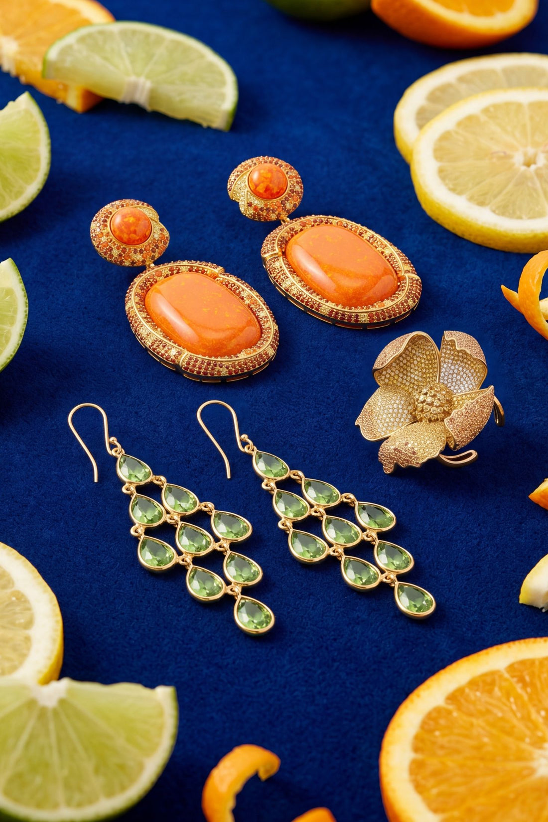 Gold peridot drop earrings with green teardrop stones and a cascading design