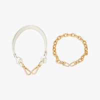 Adjustable white strap with gold connectors and separate gold chain strap