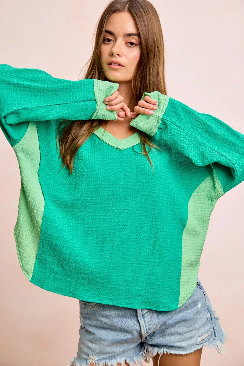 Textured jersey color block top, emerald green body with light green side panels