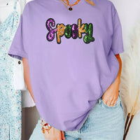 Lavender cotton-blend T-shirt with sequin 'Spooky' letter patch graphic, short sleeves