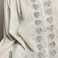 Embroidered pale grey button-front woven shirt with floral motifs, long sleeves