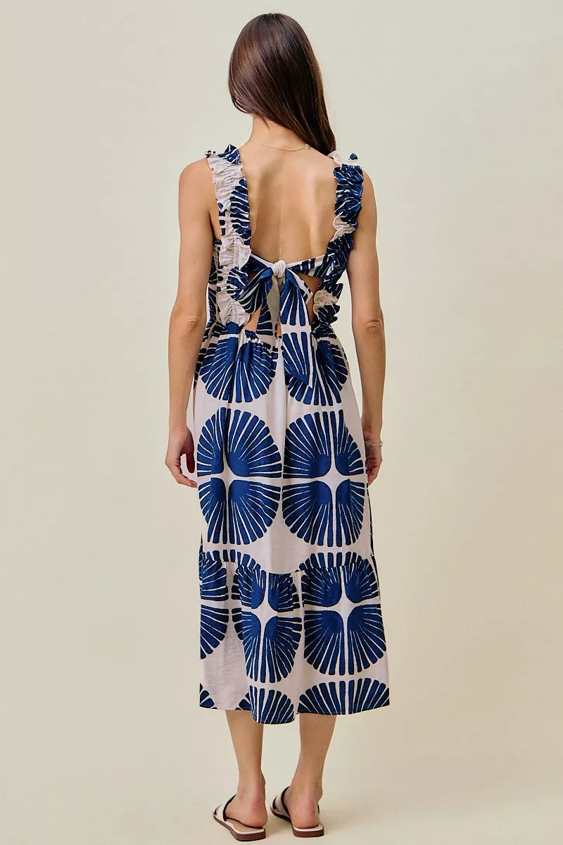 Navy abstract print midi dress, open back with smocked bodice and tiered skirt