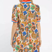 Blue mix abstract print mini dress from back view, short sleeves and collar