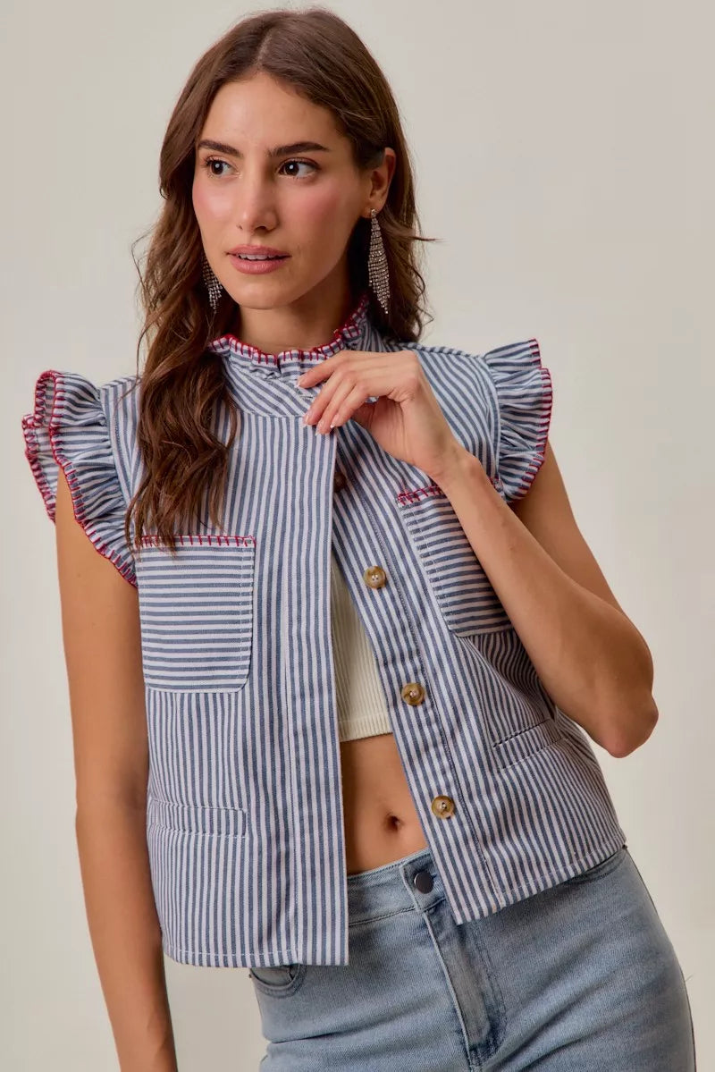 Ruffled sleeveless vest top with blue-and-white stripes, red trim collar, front button placket