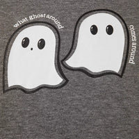 Close-up of dark gray hoodie fabric with ghost face print and curved text