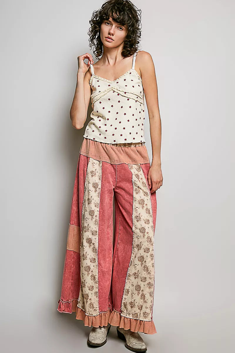 Star-print ribbed knit cami, natural with red stars, thin straps, tiered ruffle hem