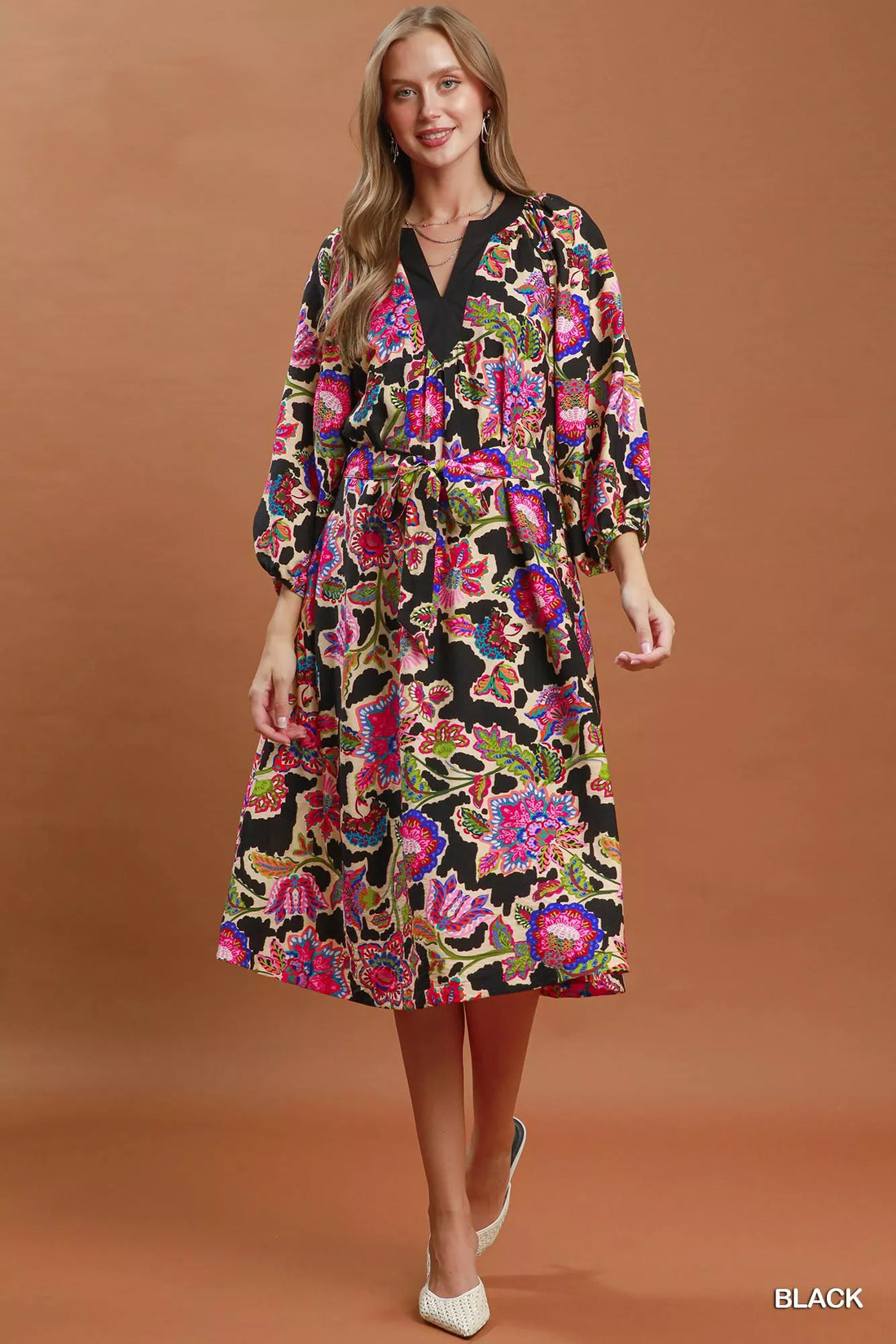 Black abstract print belted midi dress, V-neck, three-quarter puff sleeves, full length