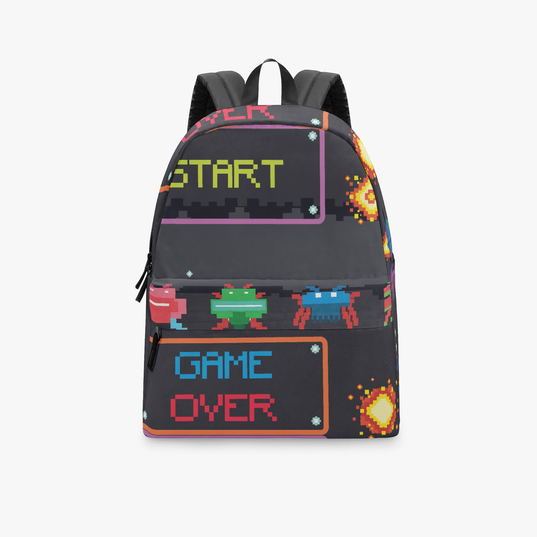 Kids canvas backpack in black with pixel “START” and “GAME OVER” front design.