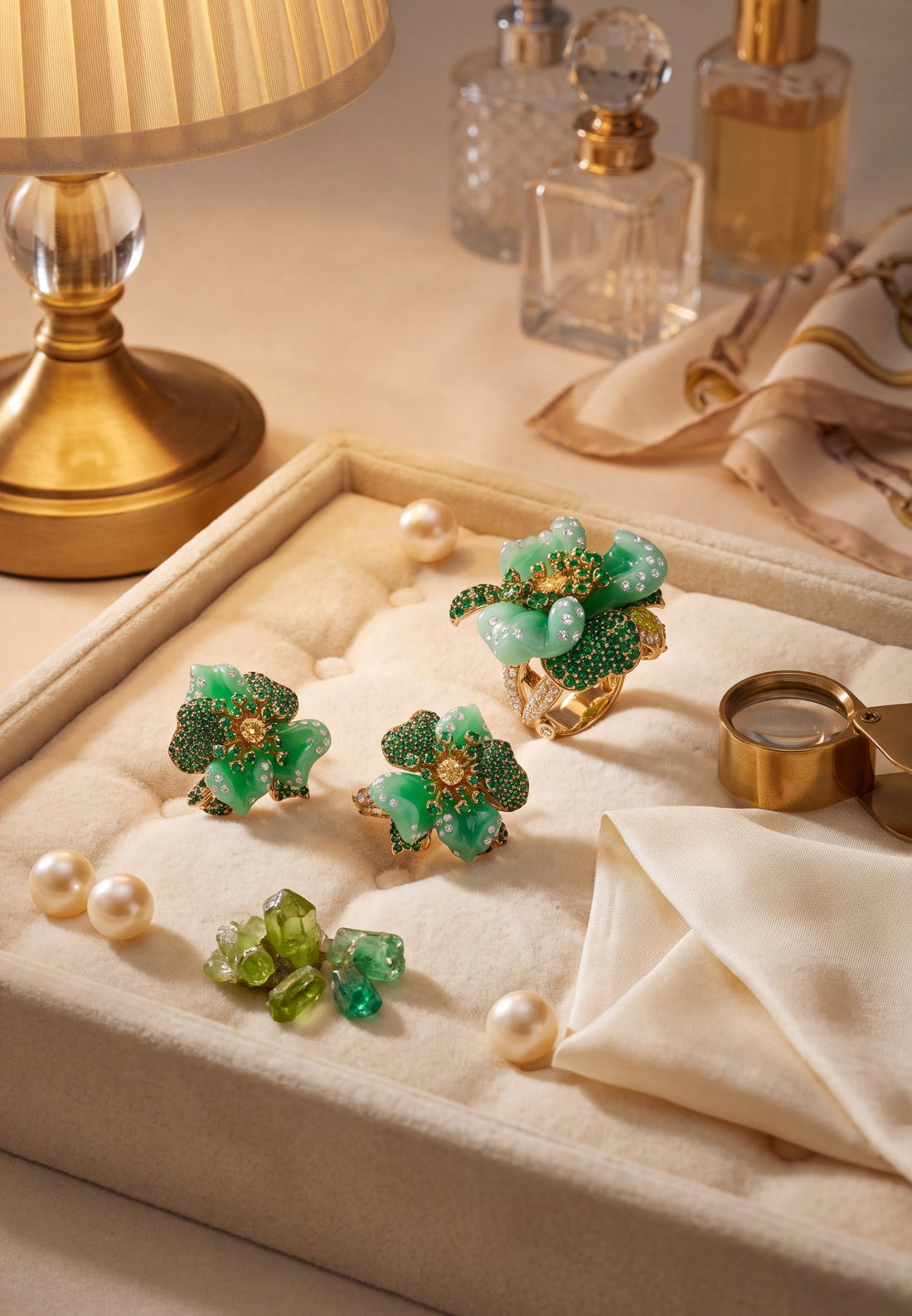 Jade Rose Flower Stud Earrings Gold-3