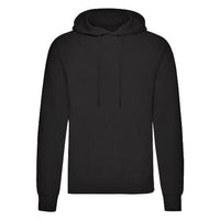 Black pullover hoodie with drawstring hood and front kangaroo pocket