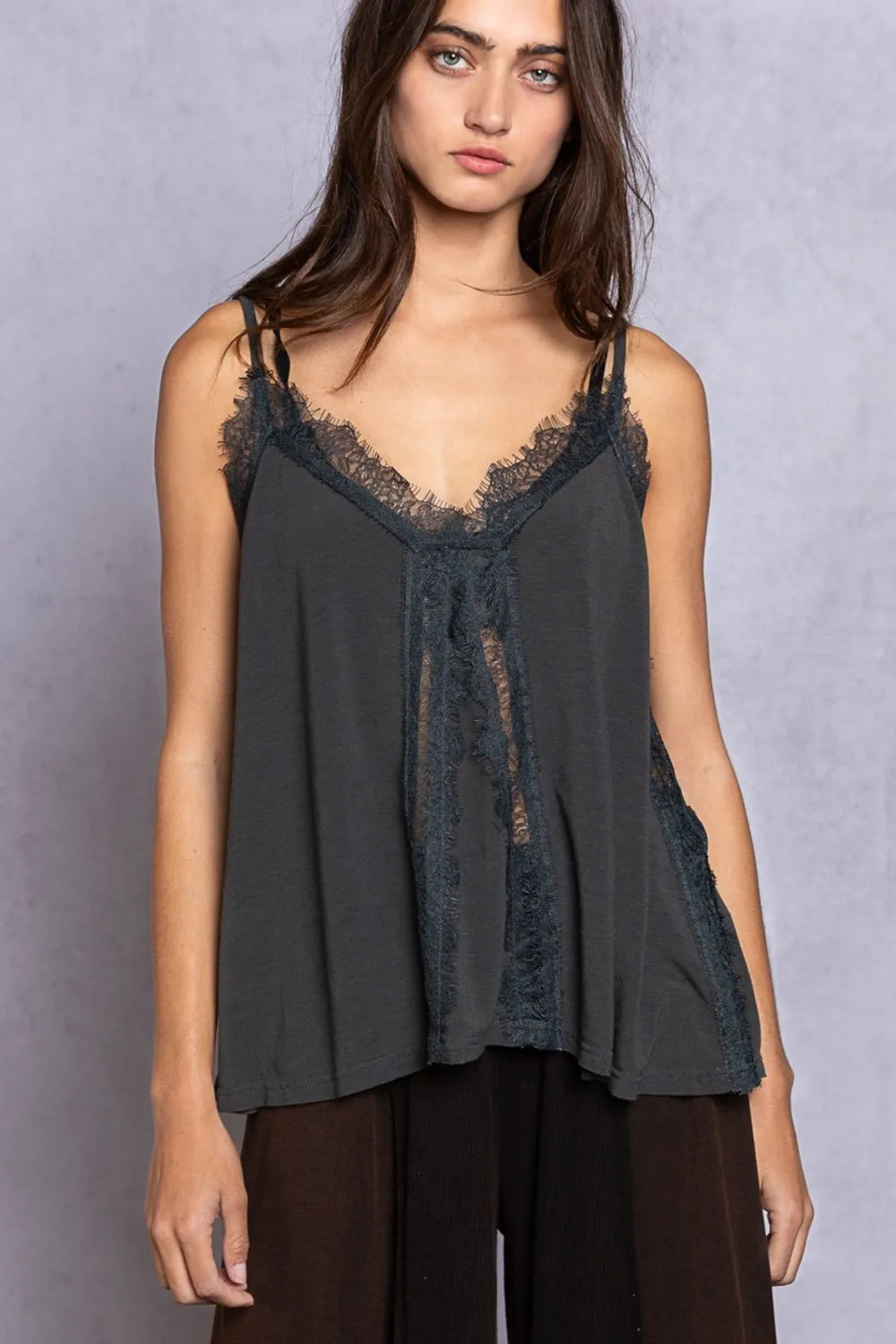 Dark gray lace-trim V-neck cami with scalloped lace neckline