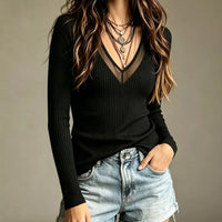 Black V-neck ribbed long-sleeve tee with sheer mesh neckline detail