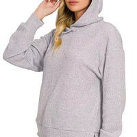 Grey ribbed hacci hoodie pullover with hood and front pouch pocket, long sleeves