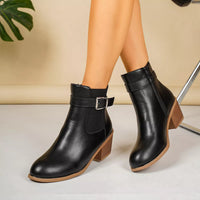 Point-toe block heel ankle boots in black with side zip and stacked block heel