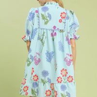 Seafoam floral print dress from back view with puff sleeves and yoke detailing