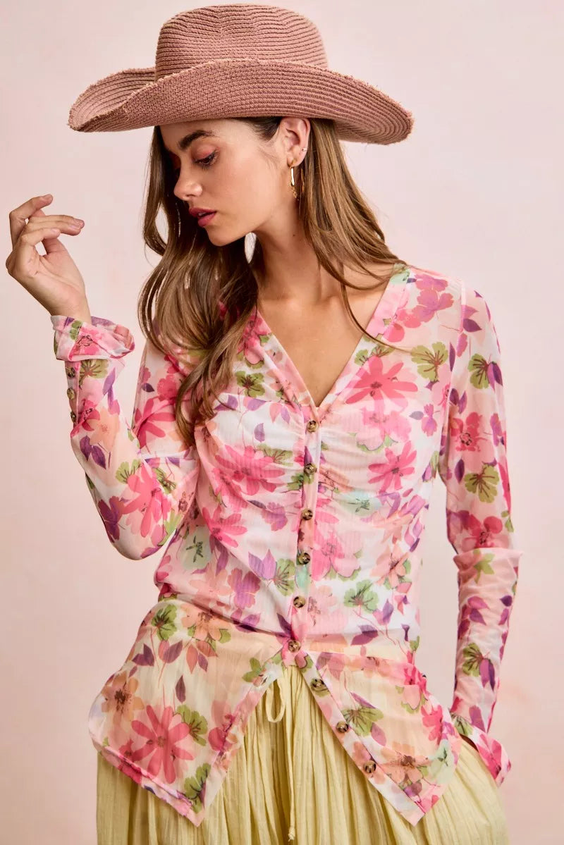 Floral mesh cardigan top with pink floral print, V-neck buttons and gathered shirred sides