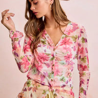 Floral mesh cardigan top with pink floral print, V-neck buttons and gathered shirred sides