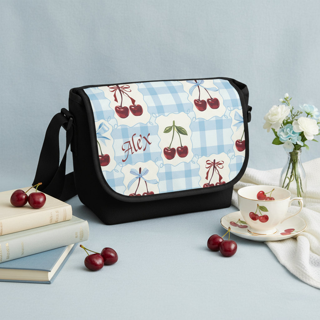 Canvas Messenger Bag for Women | Personalized Blue Gingham Satchel