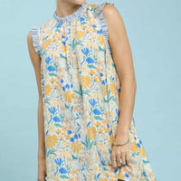 Floral babydoll dress with sleeveless ruffle sleeves, blue and yellow print