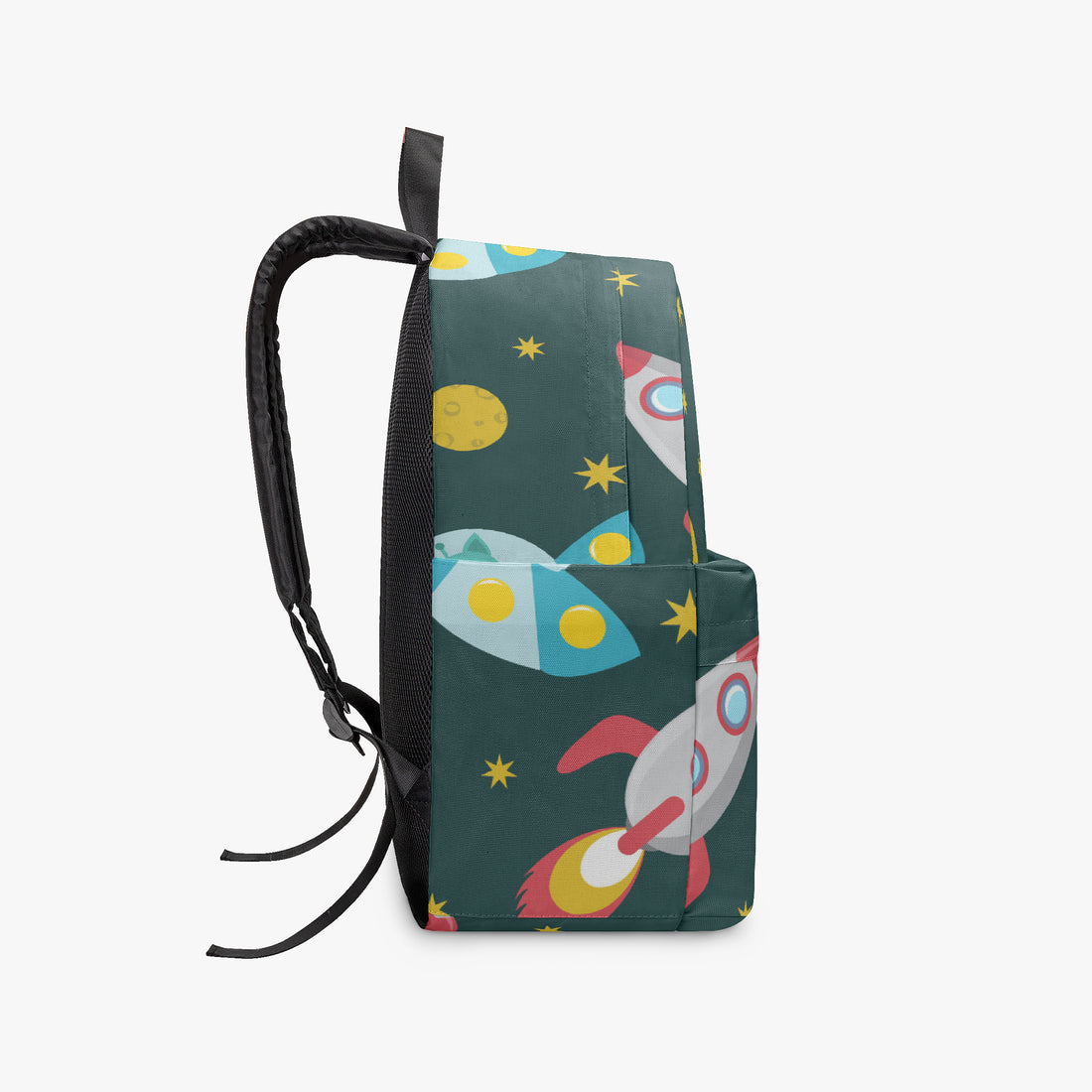 Dark green canvas space-themed backpack with rocket, planet, and star prints; drawstring cord.