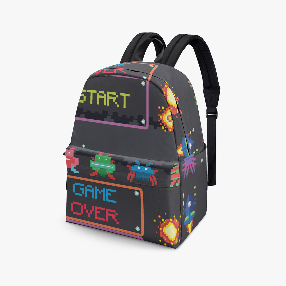 Kids canvas backpack in black with pixel “START” window and colorful game icons.