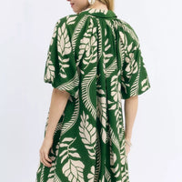 Green and cream leafy print mini dress with V-neck and short flutter sleeves
