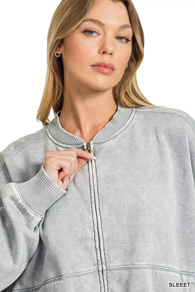 Acid-washed gray fleece full-zip jacket with ribbed stand collar detail