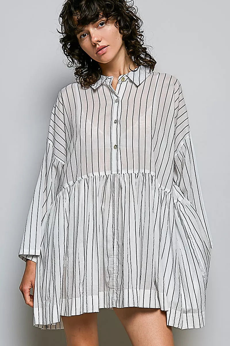 Striped relaxed shirt dress with button front, point collar, and tiered gathered skirt
