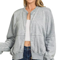 Acid-washed gray fleece jacket, full-zip front with ribbed hem and cuffs