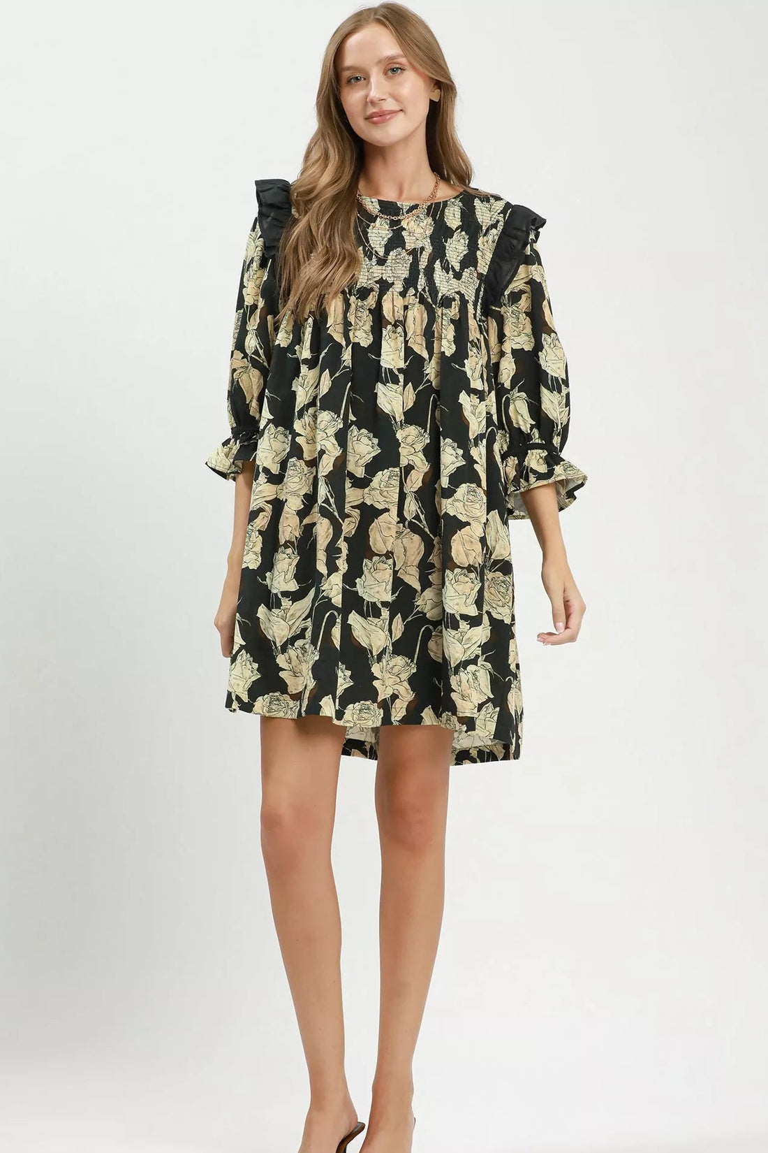 Black-and-cream floral smocked ruffle flowy dress, above-knee length