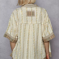 Cream patchwork short-sleeve button-down shirt back with striped yoke and scalloped hem