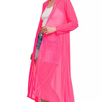 Fuchsia mesh open-front cardigan with long sleeves and draped hem