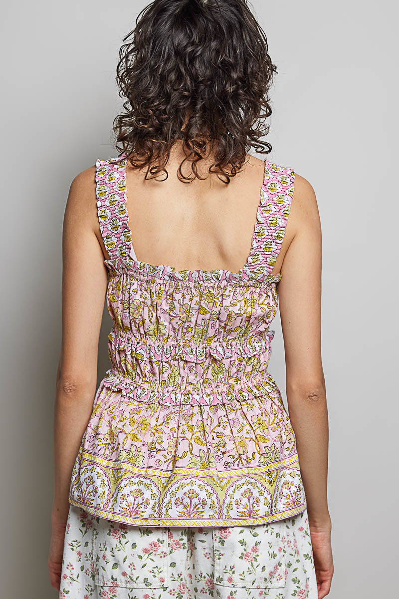 Pink multi printed smocked square-back peplum tank with ruffle trim, sleeveless
